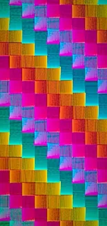 Colorful geometric pattern wallpaper with pink, blue, and yellow hues.