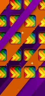 Colorful geometric wallpaper with diagonal lines in purple and orange.