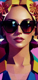 Colorful geometric portrait with sunglasses and floral accents.