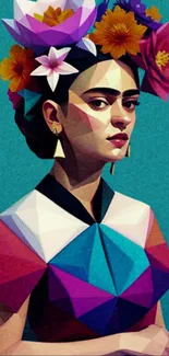 Abstract geometric portrait with bold colors and floral elements.