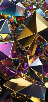 Gold and multicolor geometric prism wallpaper with vibrant reflections.