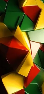 Colorful geometric 3D shapes mobile wallpaper in red, yellow, and green.