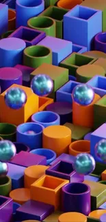 Colorful 3D geometric shapes and reflecting spheres wallpaper.
