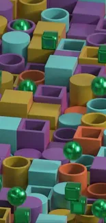 Colorful 3D geometric shapes wallpaper with spheres.