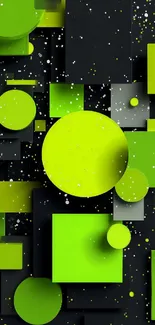 Green and black geometric wallpaper with circles and squares.