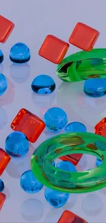Vibrant geometric shapes in red, blue, and green.