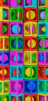 Vibrant geometric wallpaper with colorful cubes and spheres.