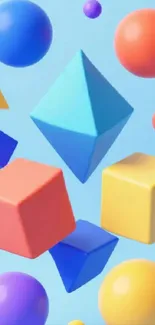 Colorful 3D geometric shapes on blue background.