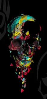 Colorful geometric skull on black background wallpaper.