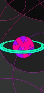 Vibrant geometric space wallpaper with neon planet.