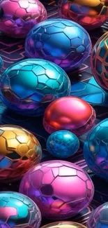 Vibrant geometric spheres on a mobile wallpaper.