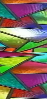 Vibrant stained glass with colorful geometric shapes.