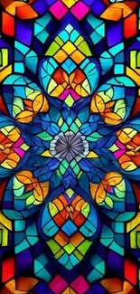 Vibrant geometric stained glass pattern with colorful abstract design.