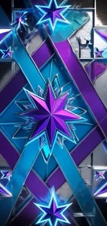 Vibrant geometric star design wallpaper in purple and blue.