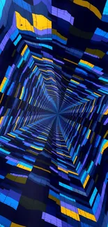 Abstract geometric tunnel with dynamic blue and yellow patterns.