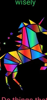 Geometric unicorn art with colorful design on a black background with motivational text.