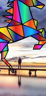 Geometric rainbow unicorn on a serene landscape wallpaper.