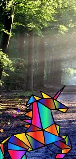 Colorful geometric unicorn in forest setting wallpaper.