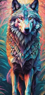 Vibrant geometric wolf art with colorful abstract design in lush colors.