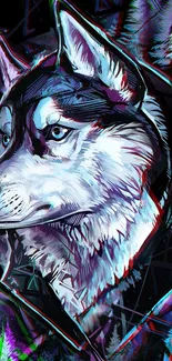 Vibrant geometric wolf art wallpaper with bold colors and abstract patterns.