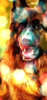 Vibrant German Shepherd with colorful bokeh effect.