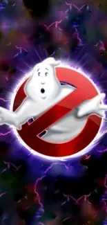 Ghostbusters logo with vibrant purple and electric cosmic background.