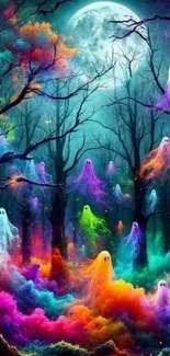 Vibrant ghosts float in a colorful, enchanted forest under a full moon.