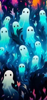 Colorful ghost figures on a blue abstract wallpaper.