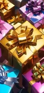 Colorful gift boxes with shiny ribbons in festive arrangement.
