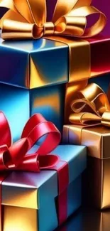 Vibrant and colorful gift boxes with ribbons.