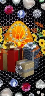 Vibrant holiday wallpaper with gifts and jewels on a dark background.