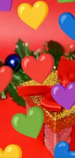 Colorful festive gift box with vibrant hearts.