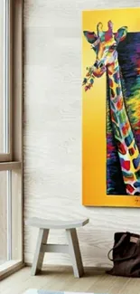 Colorful giraffe art wallpaper on yellow background.