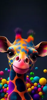 Colorful giraffe art with vibrant dots on a black background.