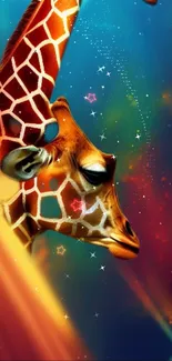 Colorful fantasy giraffe wallpaper with starry background for mobile screens.