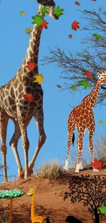 Giraffes with colorful leaves against a sky blue backdrop.