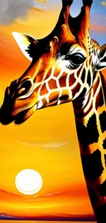 Giraffe against vibrant orange sunset.