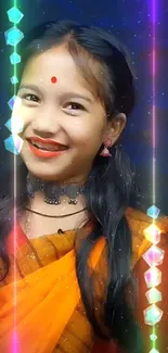 Smiling girl in vibrant ethnic dress with glowing background.