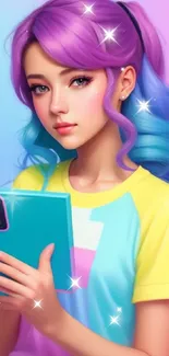 Girl with pastel rainbow hair holding a phone, vibrant art.