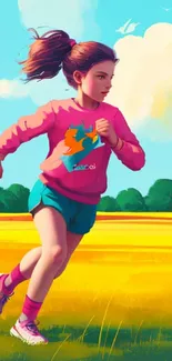 Young girl running in a vibrant, colorful landscape.