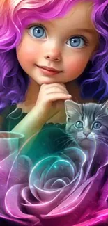 Colorful artwork of a girl with purple hair and a kitten.