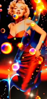 Glamorous woman in a red dress with vibrant bubbles and dynamic lighting.