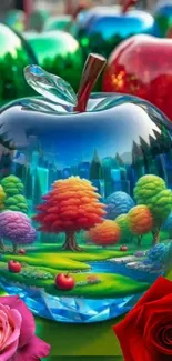 Vibrant fantasy scene inside glass apple with colorful trees and roses.