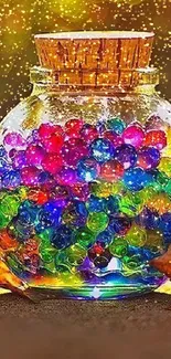 Glass jar filled with colorful beads, surrounded by autumn leaves.