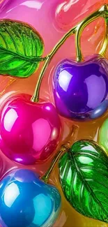 Colorful glass cherries with green leaves on vibrant background.