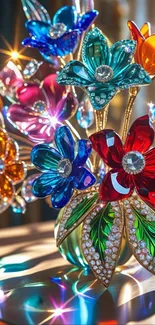 Glass flowers with vibrant colors in a decorative vase.