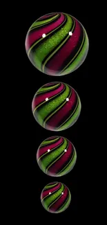 Vibrant mobile wallpaper with swirling glass orbs on a black background.