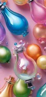Vibrant glass orbs and bulbs on a pink background.