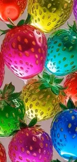 Colorful glass strawberries on vibrant wallpaper.
