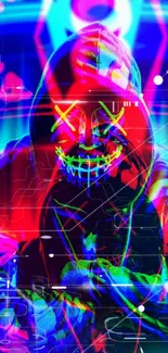 Neon glitch art wallpaper featuring a hooded figure with futuristic design.